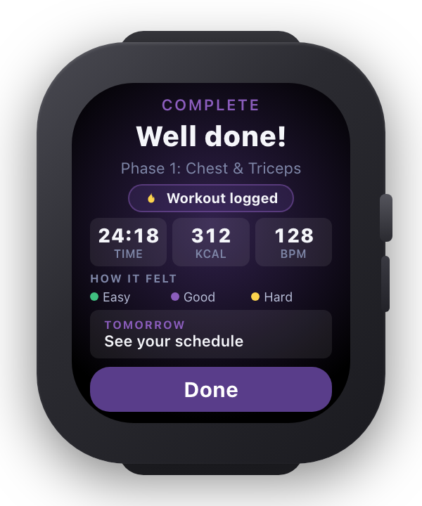 Formasync Trainer workout-complete celebration screen on Apple Watch